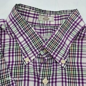 Peter Millar Mens Large Purple Plaid Button Down Shirt 100% Cotton Long Sleeve